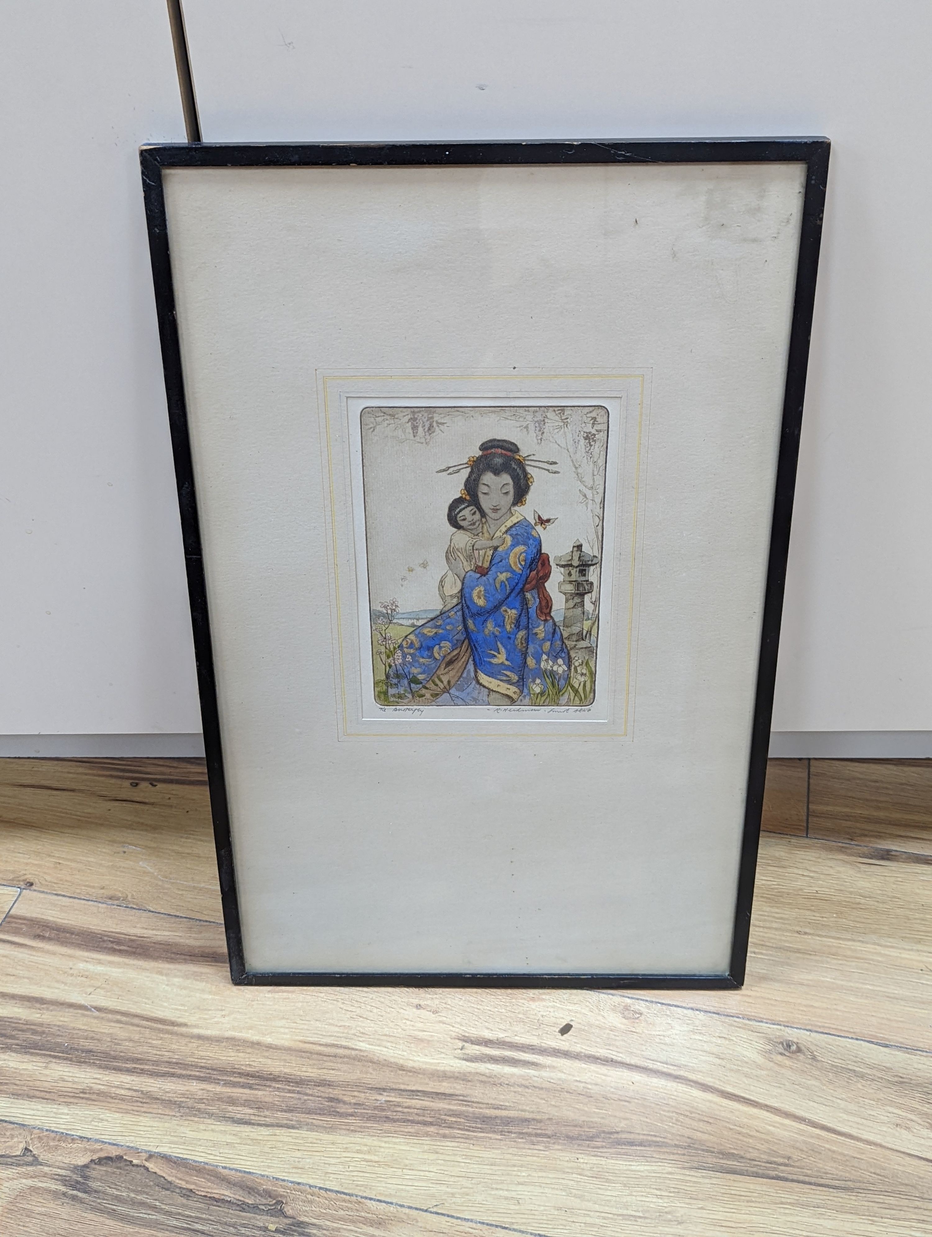 Robert Herdman-Smith (1879-1945), coloured etching, 'The Butterfly', signed in pencil, 17.5 x 12.5cm